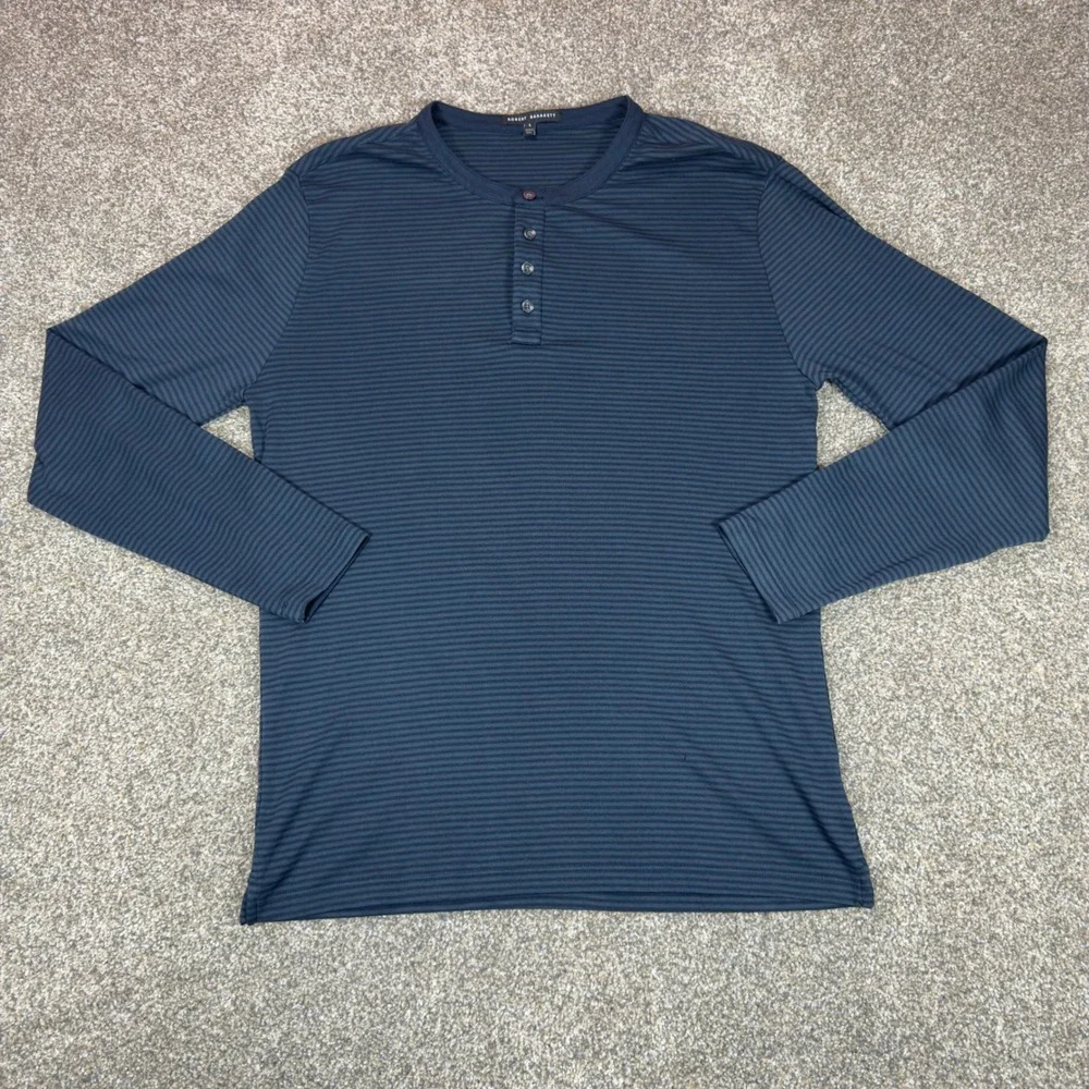 Robert Barakett Mens Long Sleeve Henley Shirt Striped Blue Grey Cotton Modal L